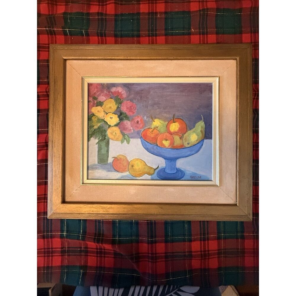 Vintage original framed signed oil painting still life of fruit. Approx: 22”x19”